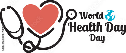 Vector graphic celebrating world health day with a stylized red heart intertwined with a stethoscope symbolizing global healthcare awareness and medical care set 