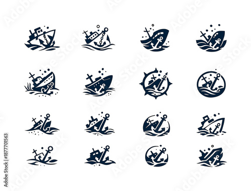 Sunken Ship Logos. sunken ships. Icon set. Set Logo of sunken ships: anchor lodged in sand. harmonious logo variations of the same emblematic concept, each