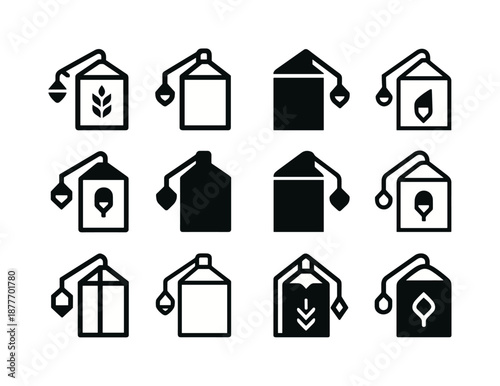 Grain Silo Icons. Grain silo. Icon set. Set Logo of grain silo: silo with grain chute. harmonious logo variations of the same emblematic concept, each with
