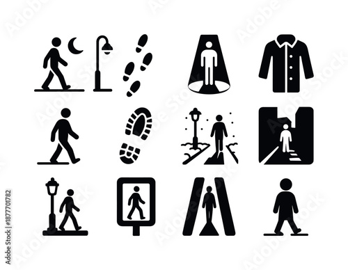 Night Walk Icons. Night walk. Solid icon set of night walk: lone walker, night street, shoeprint path, backlight figure, coat icon, winter shadow, cold step,