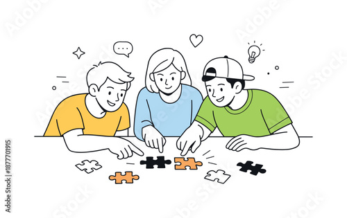 Puzzle Solving Teamwork. Friends building puzzle teamwork. Friends leaning in and pointing at matching pieces, gentle gestures and thoughtful discussion.
