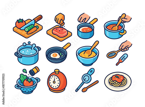 Colorful Kitchen Icons. Meal preparation. Colorful isometric vector icons set of meal preparation: chopping vegetables, seasoning meat, stirring sauce, boiling