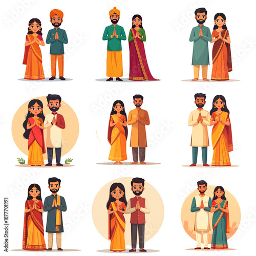 Vector Illustration Collection of Indian Couples Joining Hands in Namaste Wearing Traditional Clothing, Representing Unity and Cultural Values. Ideal for Diwali, Navratri, Karva Chauth, Raksha Bandhan