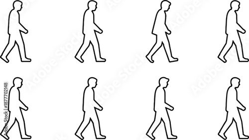 A set of eight walking human stick figures in various poses.