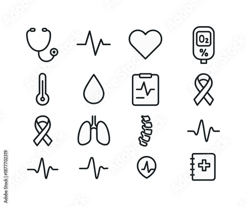 Health Diagnostic Icons. Health diagnostics. Line icon set of Health diagnostics: stethoscope, ECG line, heart icon, oxygen meter, thermometer, blood test