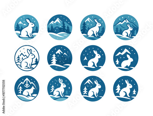 Winter Animal Icons. Snowy landscapes with animals in winter habitats. Icon set. Set Logo of snowy landscapes with animals in winter habitats: snow hare.