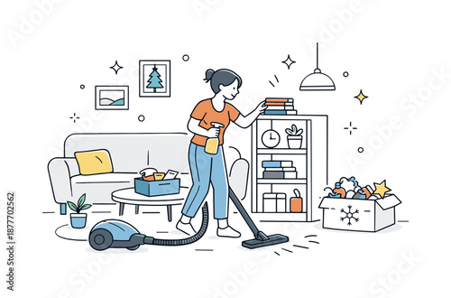 New Year Cleaning. Cleaning house before New Year preparation. Person tidying up a living room, putting things in order with calm focused movements. Fresh