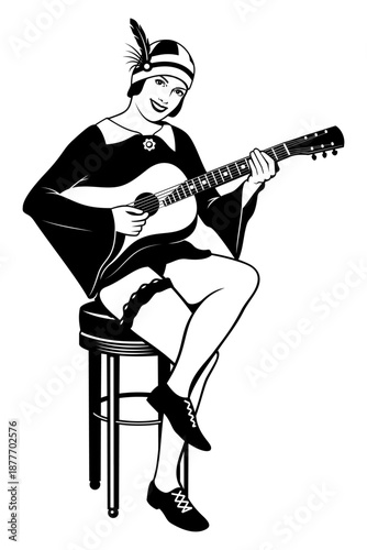 Flapper girl playing acoustic guitar. Black and white vector clipart in pop art and pin up style..