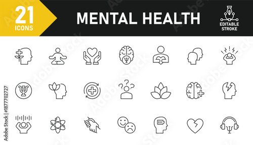 Mental health line icon set. Set of 21 outline icons related to psychology, wellness, meditation, emotional care, mental health, depression, therapy and others. Editable stroke. Vector illustration.