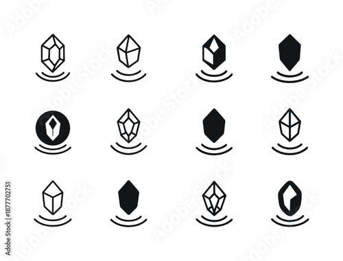 Weightlessness Icon Set. Weightlessness. Icon set. Set Logo of weightlessness: levitating crystal. harmonious logo variations of the same emblematic concept,