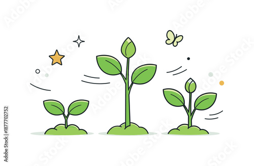 Spring Growth Illustration. Spring green shoots scene. Simple young plants with tender buds and abstract motion lines, suggesting gentle growth and seasonal