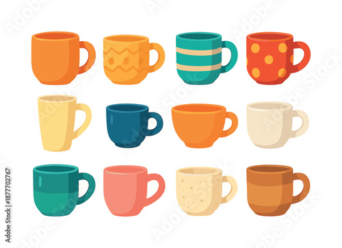 Colorful Mug Icons. Favorite Mug. Colorful flat vector icons set of Favorite Mug: big cozy mug, embossed mug, striped mug, polka-dot cup, tall latte mug, tiny