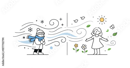 Seasonal Shift Illustration. From winter wind to spring air illustration. Abstract wind shapes gradually soften, creating a visual story of seasonal shift.