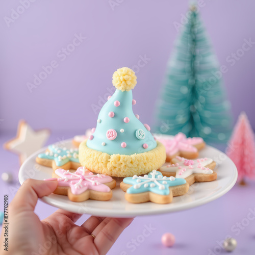 Delightful cookies and festive hat shaped cake create charming dessert display, perfect for celebrations and gatherings