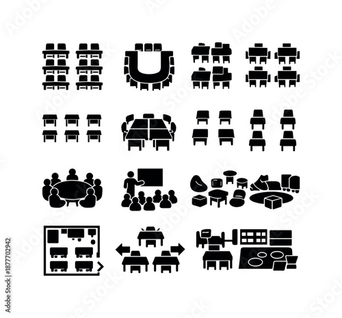 Classroom Layout Icons. Classroom Layout. Solid icon set of Classroom Layout: rows of desks, U shape seating, group seating, exam layout, collaborative layout,