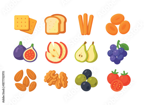 Cheese Board Icons. Cheese board snacks. Colorful flat vector icons set of Cheese board snacks: crackers, bread slices, breadsticks, dried apricots, figs,