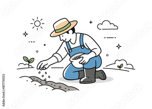 Farmer Sowing Seeds. Agriculture planting icon illustration. Farmer kneeling and sowing seeds into the ground, showing focused and careful work. Calm rural