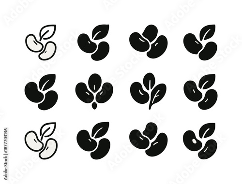 Cooked Beans Icons. cooked beans. Icon set. Set Logo of cooked beans: bean leaf emblem. harmonious logo variations of the same emblematic concept, each with