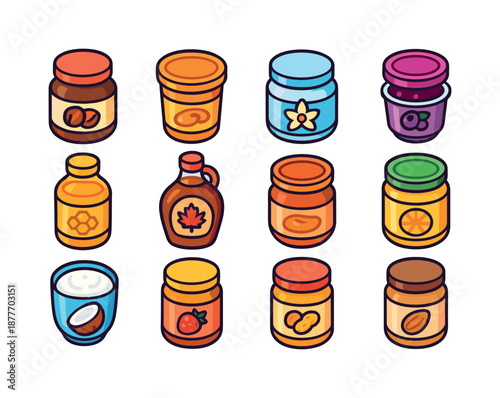 Sweet Spread Icons. sweet spreads. Colorful isometric vector icons set of sweet spreads: chocolate hazelnut jar, caramel spread tub, vanilla cream jar, berry