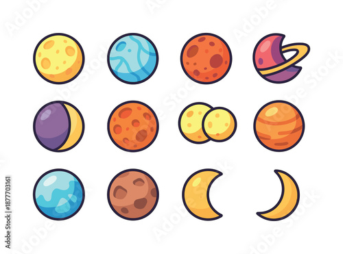 Colorful Isometric Moons. Moons. Colorful isometric vector icons set of moons: earth?s moon, icy moon, volcanic moon, cratered moon, ringed moon fragment,