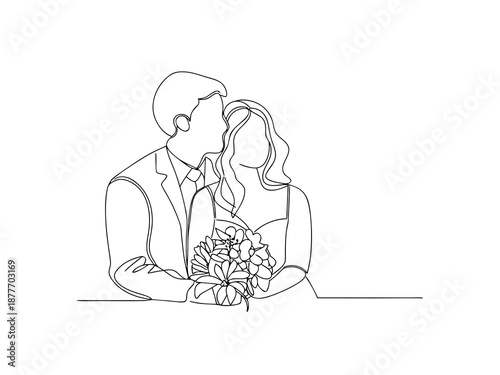 Groom Kissing Bride's Forehead with Bouquet Continuous Line Drawing
