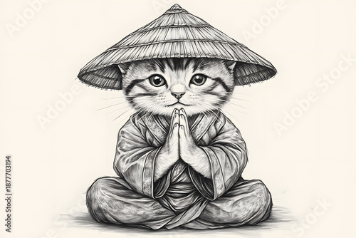 Peaceful Cat in kimono sitting meditating. Black and white illustration for coloring