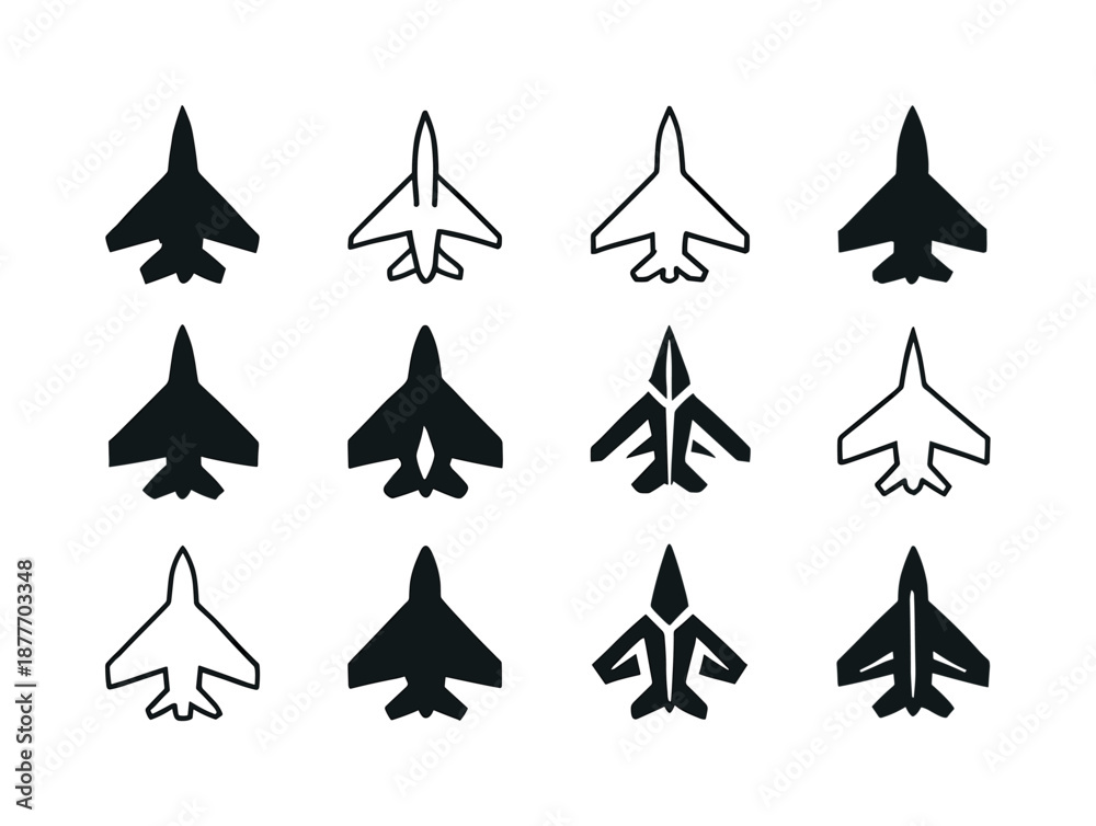 Obraz premium War Icon Set. War. Icon set. Set Logo of war: fighter jet symbol. harmonious logo variations of the same emblematic concept, each with different artistic