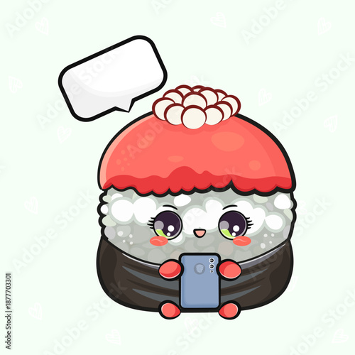 Kawaii sushi character holding smartphone with speech bubble