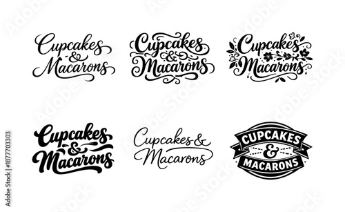 Cupcake Lettering Variations. Cupcakes and macaronsBeautiful script headers. Set lettering. harmonious lettering variations of the same emblematic concept,