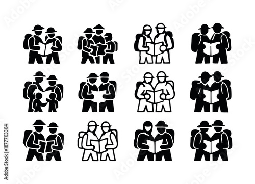 Family Hiking Icon Set. family hiking together. Icon set. Set Logo of family hiking together: family looking at map. harmonious logo variations of the same