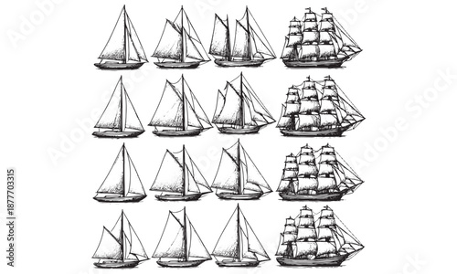 Sailing Ship Icons Set Sailboat Yacht Tall Ship Nautical Vector Illustration