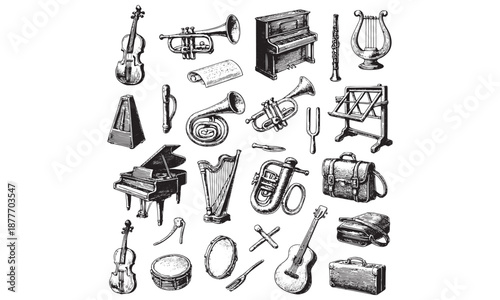 Musical Instruments Icons Set Violin Trumpet Harp Guitar Piano Vector Illustration
