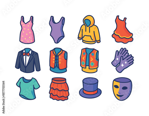 Dance Costume Icons. Dance costumes. Colorful isometric vector icons set of dance costumes: sequin dress, ballet leotard, hip-hop hoodie, flamenco dress