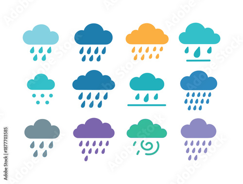 Colorful Rain Cloud Icons. Rain clouds. Colorful flat vector icons set of rain clouds: light rain cloud, heavy rain cloud, sideways rain, drizzle puff, thick