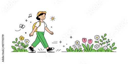 Spring Walk Banner. Spring lifestyle banner. A simple character walking among flowers and fresh greenery, leaving space for headline text. Friendly editorial