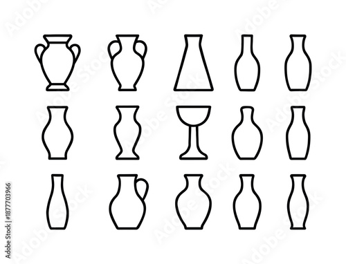 Vase Silhouette Icons. Vase silhouettes. Line icon set of Vase silhouettes: classic urn, amphora style, conical vase, bottle shape, curvy vase, hourglass vase,