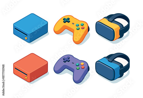 Isometric Gaming Icons. Gaming devices. Isometric flat vector icons set of Gaming devices: game console, game controller, VR headset. Arrange all isometric
