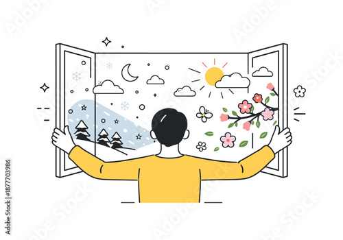 Spring Renewal Illustration. Spring awakening. A person opening a window as cold snowflakes outside shift into warm sunlight and blossoms. Fresh start and