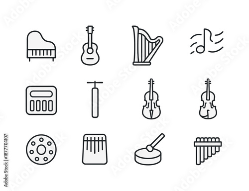 Calming Instrumentals Icons. Calming instrumentals. Line icon set of Calming instrumentals: soft piano, gentle guitar, harp pluck, flute note, ambient pad,