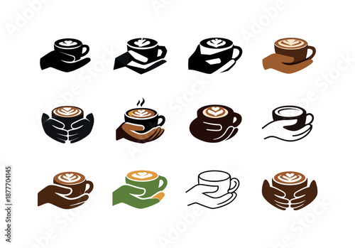 Latte Logo Variations. Latte in hand. Icon set. Set Logo of latte in hand: morning coffee emblem. harmonious logo variations of the same emblematic concept,