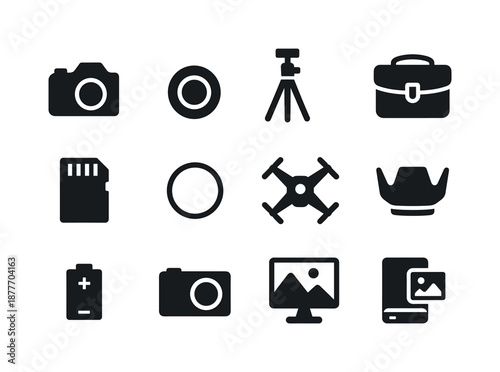 Travel Camera Essentials. Travel camera gear. Solid icon set of travel camera gear: DSLR camera, lens cap, tripod, camera bag, memory card, photo filter, drone