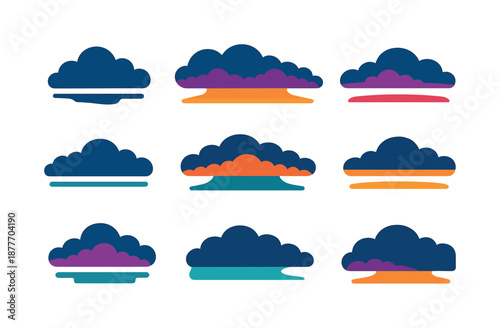 Horizon Storm Clouds. Horizon storm clouds. Colorful flat vector icons set of horizon storm clouds: low-lying dark band, skyline cloud mass, flattened storm