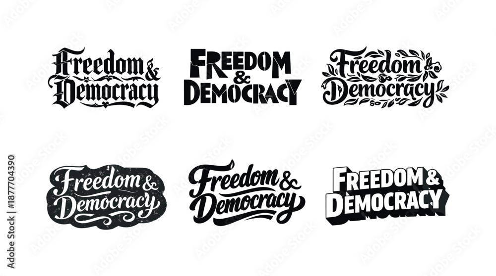Fototapeta premium Artistic Lettering Grid. Freedom and democracy. Set lettering. harmonious lettering variations of the same emblematic concept, each with different artistic