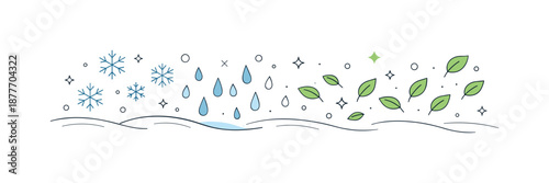 Seamless Seasonal Transition. Slow seasonal change concept. Abstract horizon where snowflakes fade into rain, then small leaves, in a smooth visual flow.