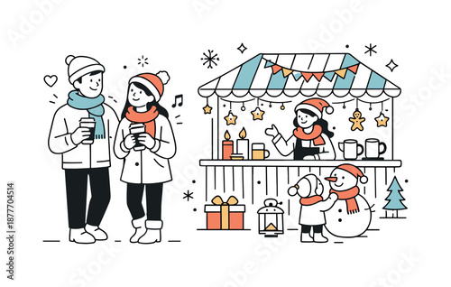 Christmas Market Stroll. Visiting Christmas market together. Couple or family browsing stalls with warm drinks in hand, relaxed conversation and shared festive