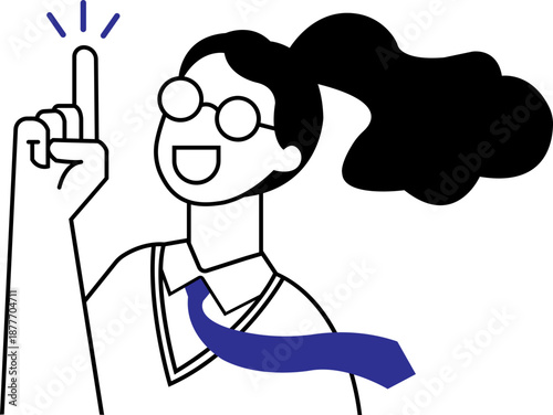 Focused Female Student Pointing Up Line Vector Illustration, Attention Concentration Education Concept, Minimal Outline SVG Icon
