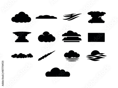 Black Cloud Icons. Cloud formations. Solid icon set of Cloud formations: cumulus cloud, stratus layer, cirrus streak, cumulonimbus mass, anvil cloud, cloud