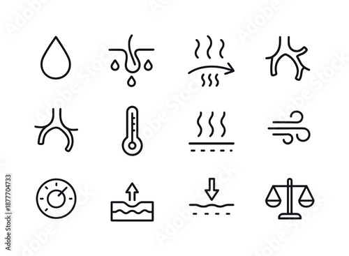 Thermoregulation Icon Set. Thermoregulation. Line icon set of Thermoregulation: sweat droplet, sweat gland, evaporative cooling symbol, blood vessel dilation,