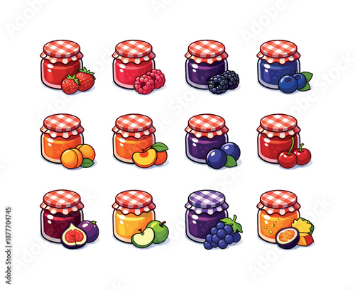 Colorful Jam Icons. jam flavors. Colorful isometric vector icons set of jam flavors: strawberry jam, raspberry jam, blackberry jam, blueberry jam, apricot jam,