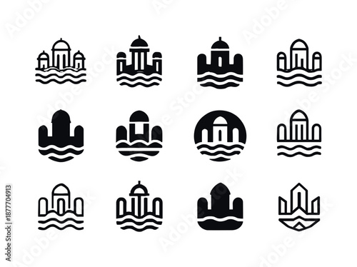 Atlantean Icons Set. Atlantean myth. Icon set. Set Logo of Atlantean myth: submerged city skyline. harmonious logo variations: Stylized detail, Symmetrical
